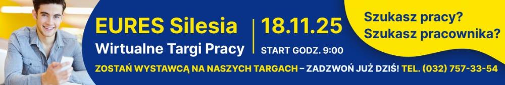 Belka graficzna z tekstem EURES Silesia i zaproszeniem na Wirtualne Targi Pracy, które realizowane będą w dniu 18 listopada 2025 r. od godziny 9.